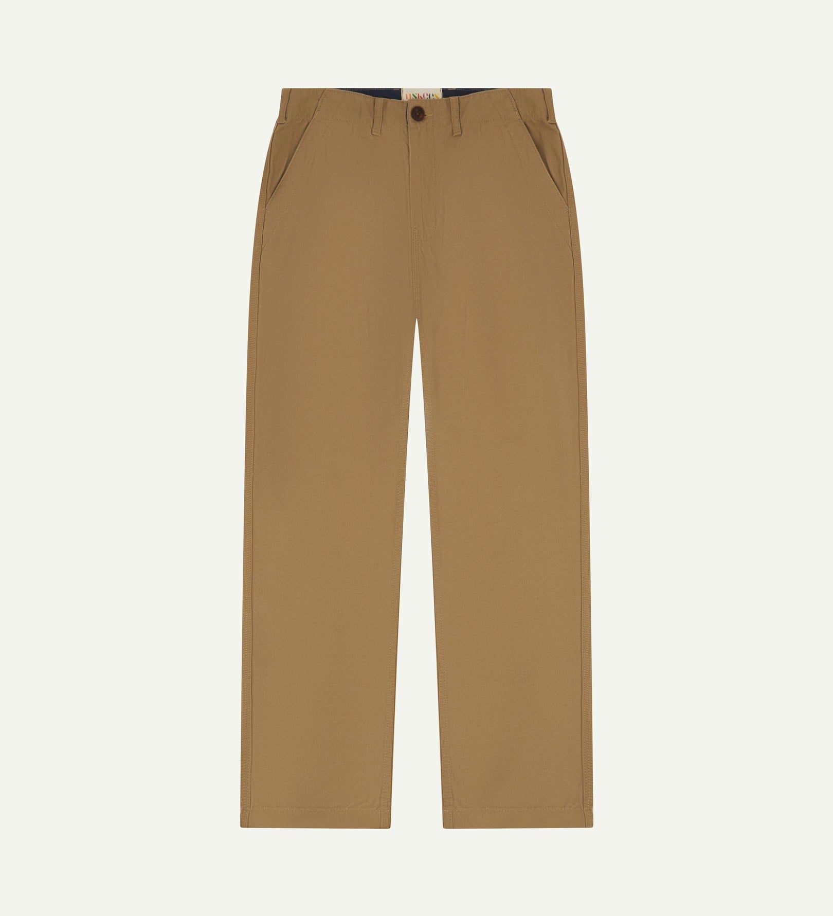 Front flat view of 5005 Uskees men's organic cotton khaki casual trousers with view of YKK zip fly and Corozo buttons.