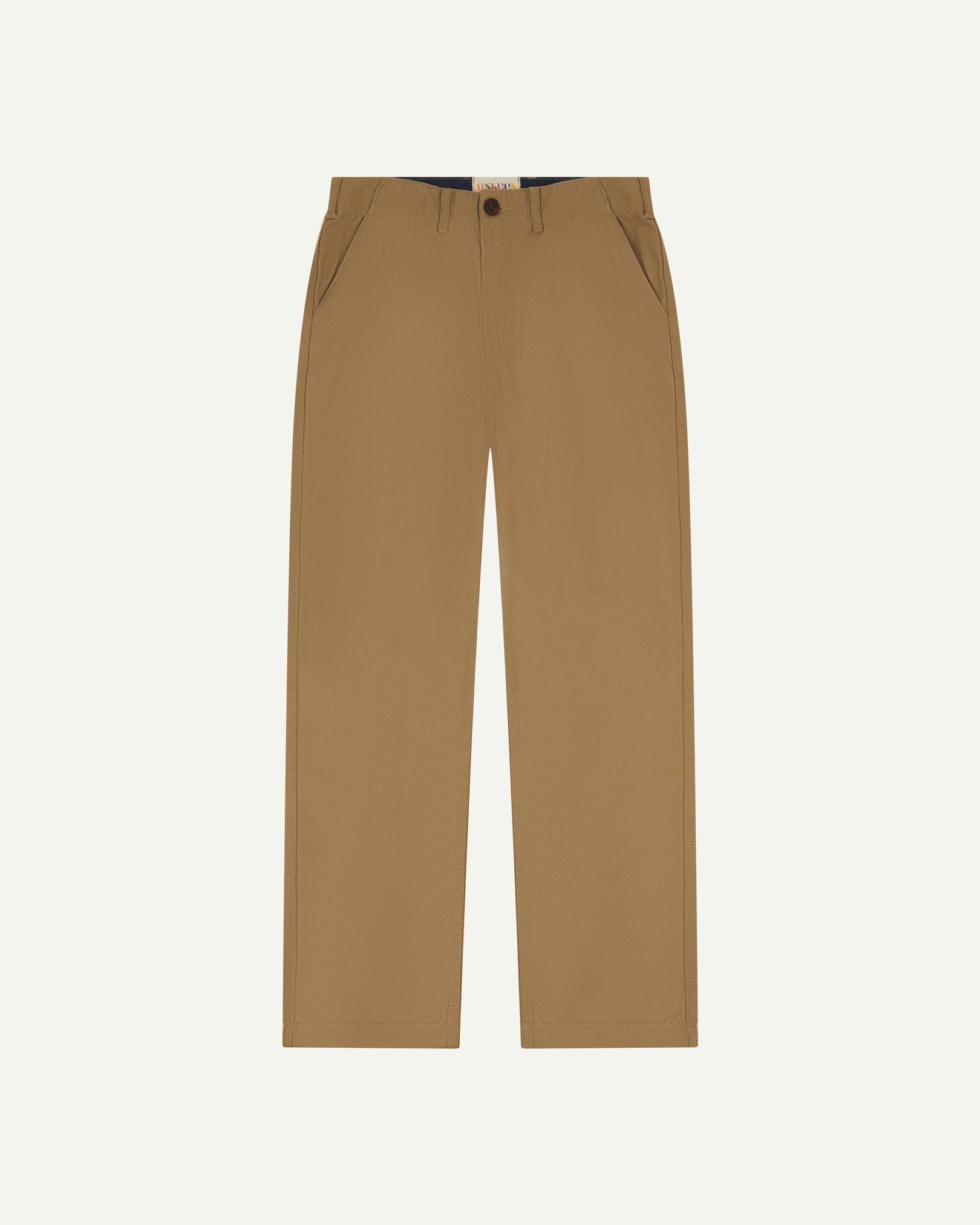 Front flat view of 5005 Uskees men's organic cotton khaki casual trousers with view of YKK zip fly and Corozo buttons.