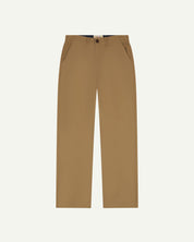 Front flat view of 5005 Uskees men's organic cotton khaki casual trousers with view of YKK zip fly and Corozo buttons.