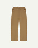 Front flat view of 5005 Uskees men's organic cotton khaki casual trousers with view of YKK zip fly and Corozo buttons.
