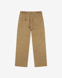 Full-length back view of Uskees 5005 twill workwear pants in khaki showing belt loops, back pockets (one with flap) and simple silhouette.