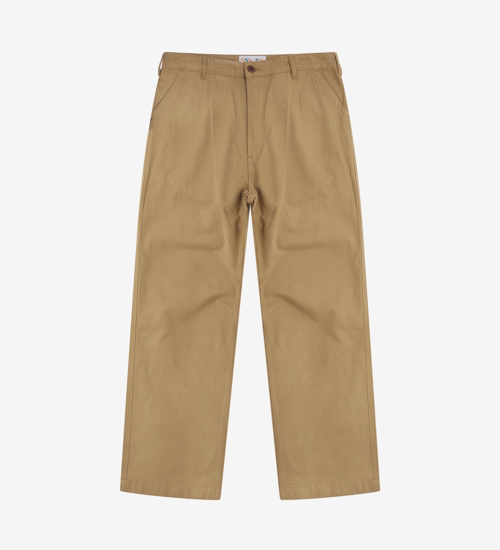 Full-length front view of Uskees twill workwear pants in khaki. Showing Corozo button fastening and tapered leg fit.