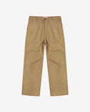 Full-length front view of Uskees twill workwear pants in khaki. Showing Corozo button fastening and tapered leg fit.