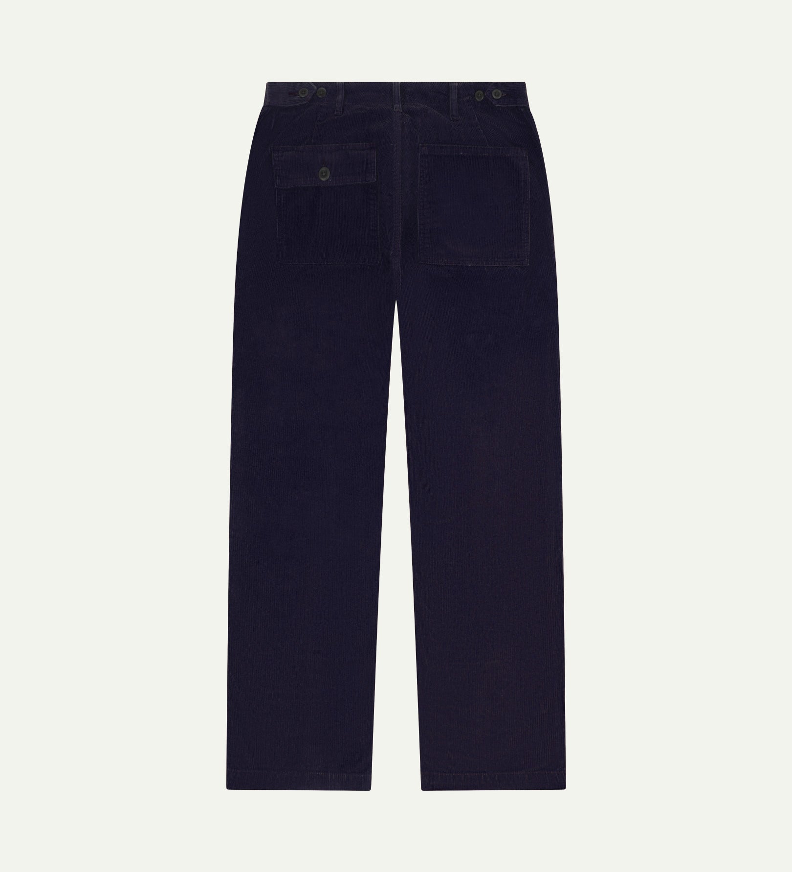 Full length back-view of midnight blue corduroy 5005 trousers with view of rear pockets, belt loops and tapered leg fit.