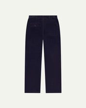 Full length back-view of midnight blue corduroy 5005 trousers with view of rear pockets, belt loops and tapered leg fit.