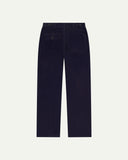 Full length back-view of midnight blue corduroy 5005 trousers with view of rear pockets, belt loops and tapered leg fit.