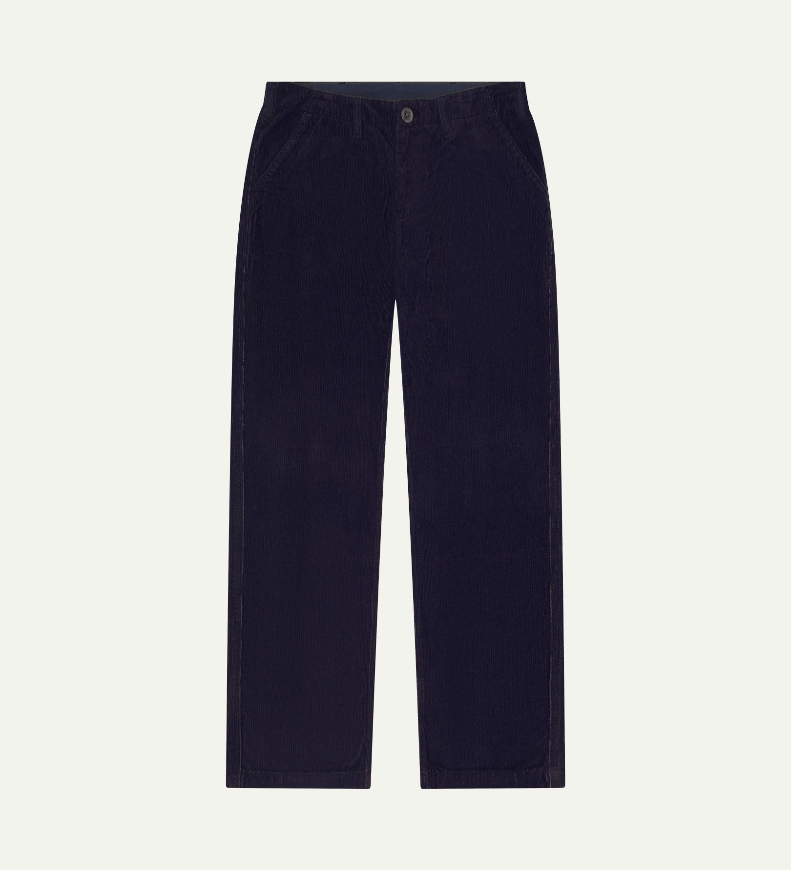 Front flat view of 5005 Uskees men's organic corduroy 'midnight blue' casual trousers with view of YKK zip fly and Corozo buttons.