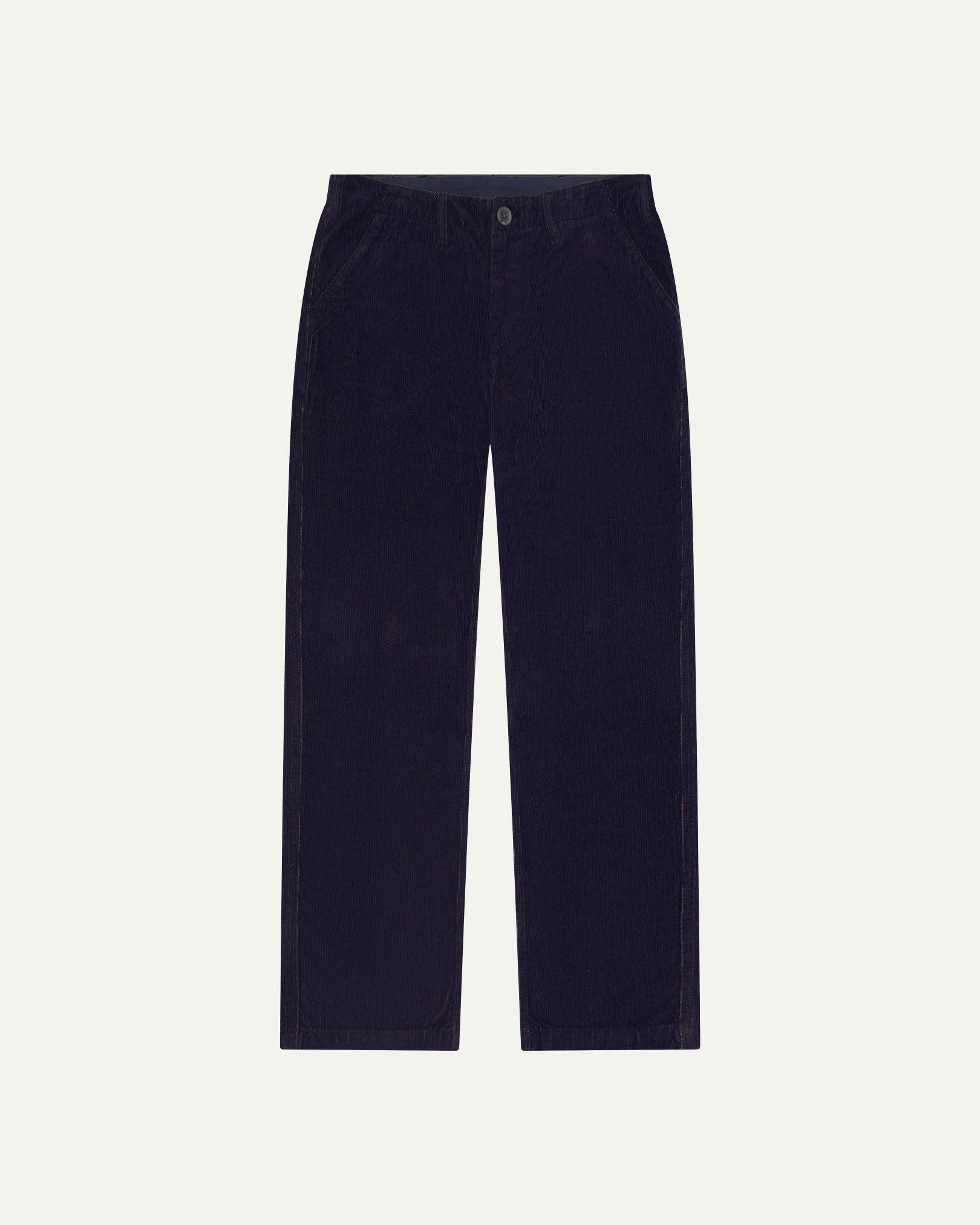 Front flat view of 5005 Uskees men's organic corduroy 'midnight blue' casual trousers with view of YKK zip fly and Corozo buttons.