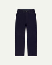 Front flat view of 5005 Uskees men's organic corduroy 'midnight blue' casual trousers with view of YKK zip fly and Corozo buttons.