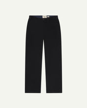 Front flat view of 5005 Uskees men's organic corduroy 'midnight blue' casual trousers with view of YKK zip fly and Corozo buttons.
