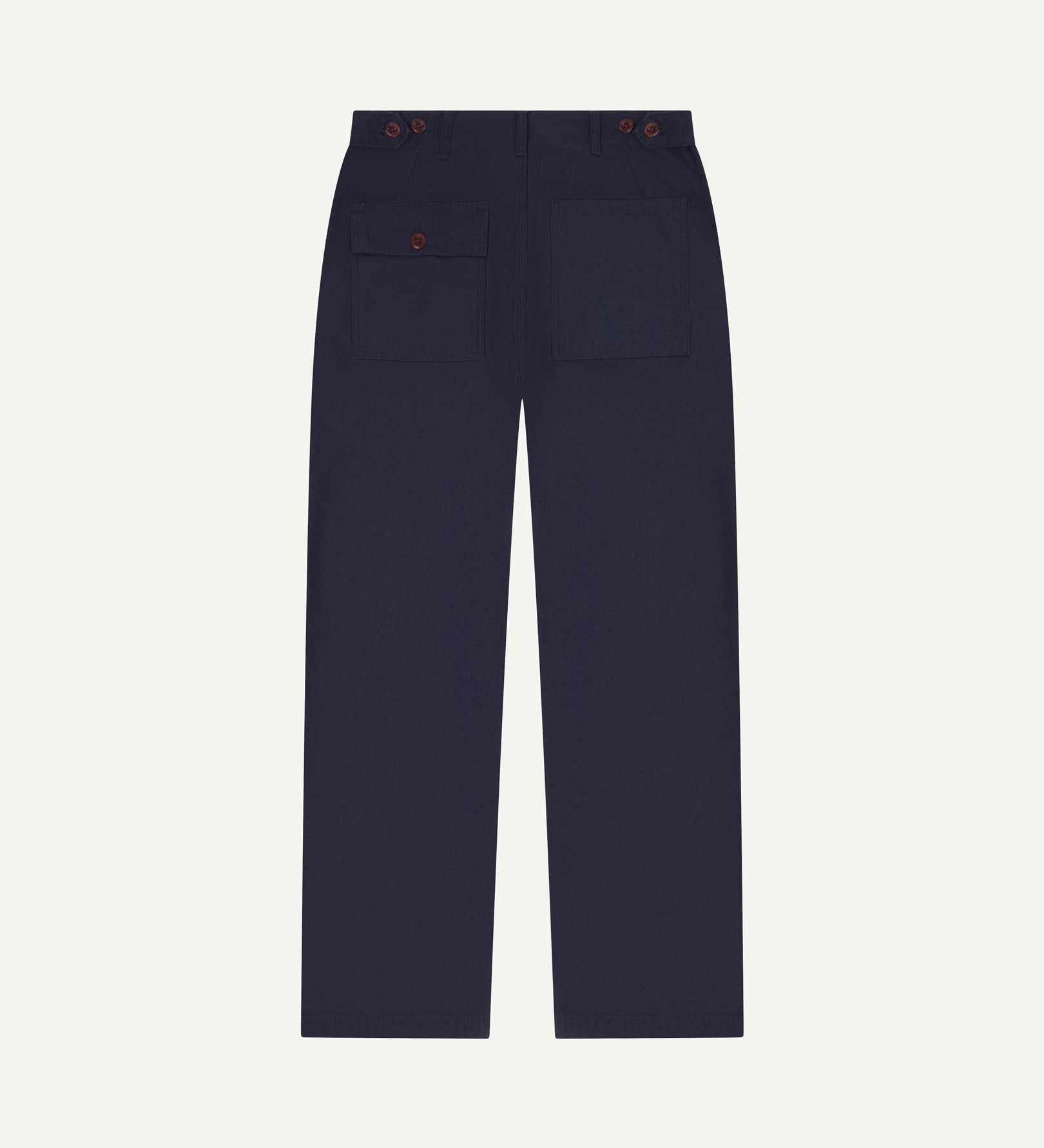 Full length back-view of midnight blue cotton 5005 trousers with view of rear pockets, belt loops and tapered leg fit.