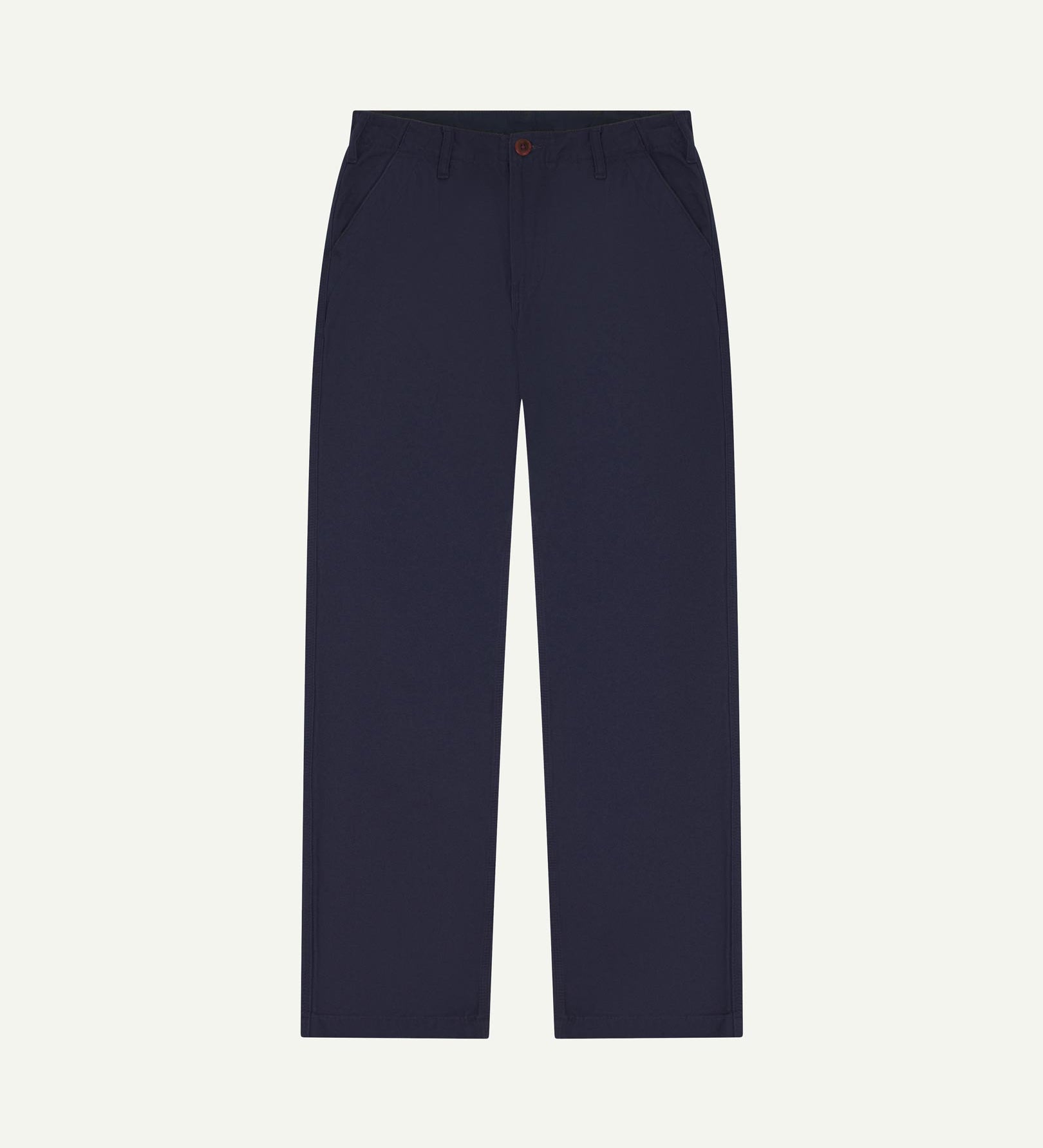 Front flat view of 5005 Uskees men's organic cotton midnight blue casual trousers with view of YKK zip fly and Corozo buttons.