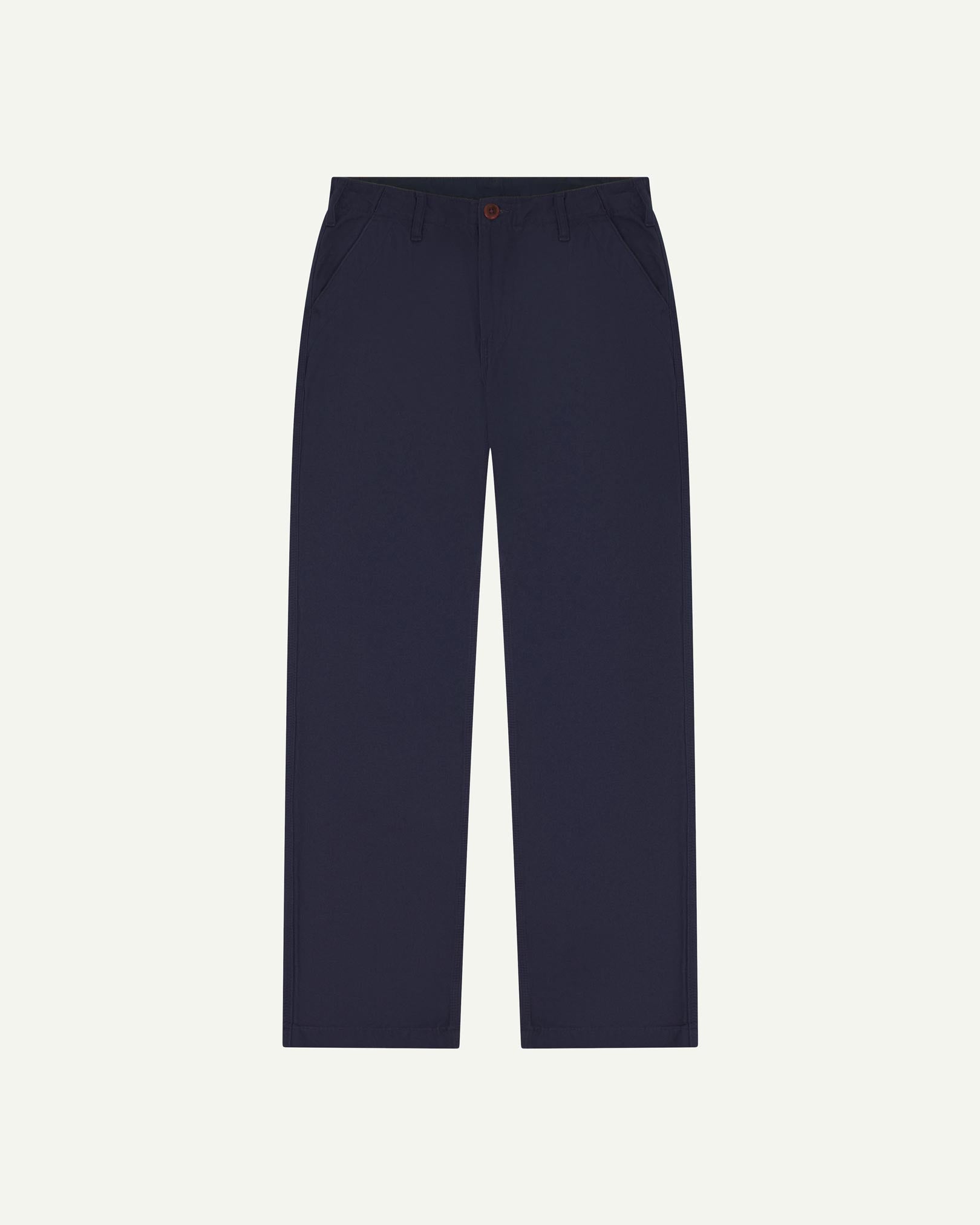Front flat view of 5005 Uskees men's organic cotton midnight blue casual trousers with view of YKK zip fly and Corozo buttons.
