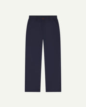 Front flat view of 5005 Uskees men's organic cotton midnight blue casual trousers with view of YKK zip fly and Corozo buttons.