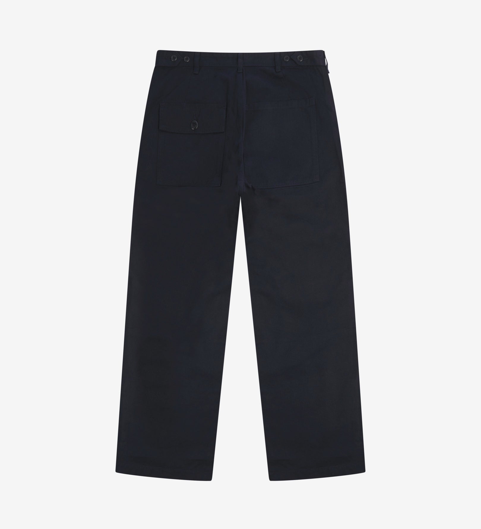 Full-length back view of Uskees 5005 twill workwear pants in deep blue showing belt loops, back pockets (one with flap) and simple silhouette.