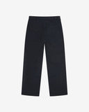 Full-length back view of Uskees 5005 twill workwear pants in deep blue showing belt loops, back pockets (one with flap) and simple silhouette.