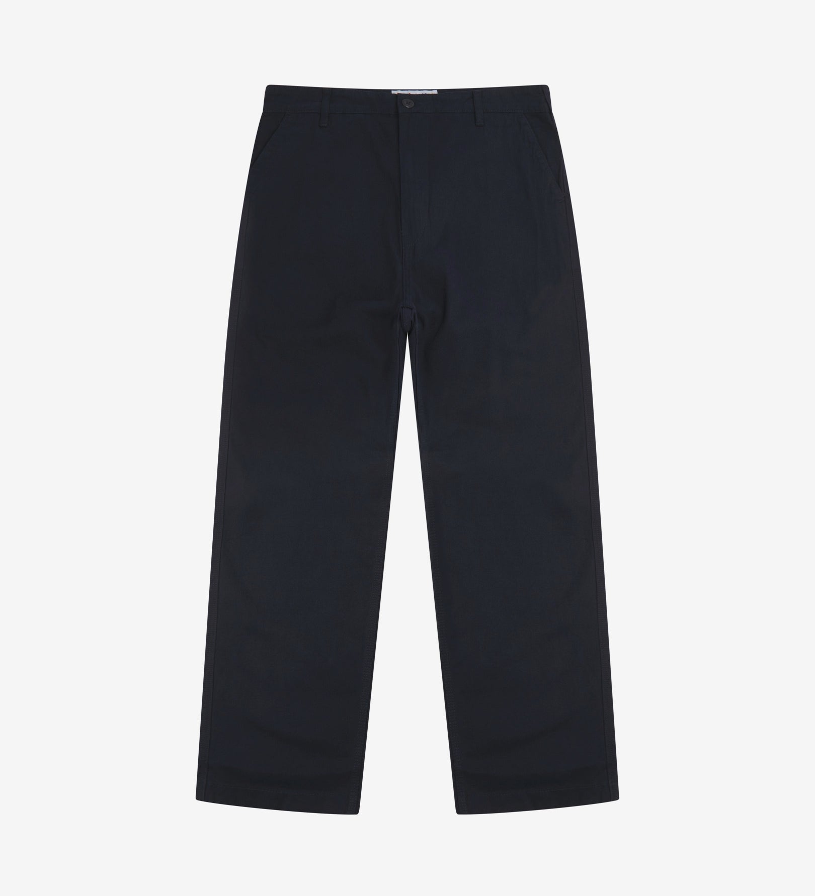 Full-length front view of Uskees twill workwear pants in deep blue. Showing Corozo button fastening and tapered leg fit.