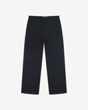 Full-length front view of Uskees twill workwear pants in deep blue. Showing Corozo button fastening and tapered leg fit.