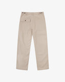 Back view flat shot of Uskees oatmeal cotton drill trousers for men showing the waist adjuster buttons and back pockets.