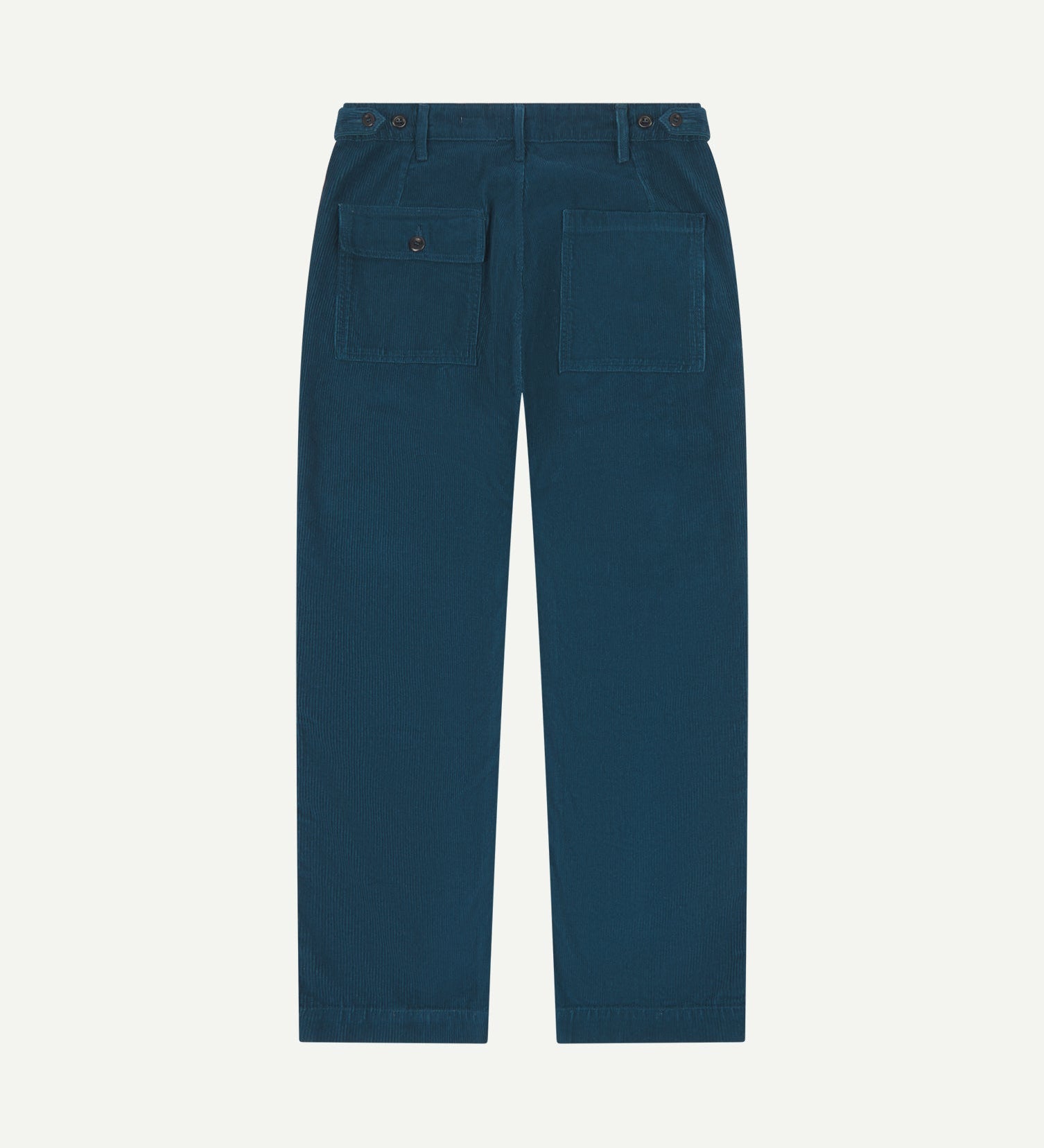 Full length back-view of petrol blue corduroy 5005 trousers with view of rear pockets, belt loops and flattering straight leg fit.