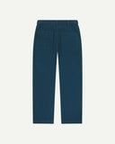 Full length back-view of petrol blue corduroy 5005 trousers with view of rear pockets, belt loops and flattering straight leg fit.