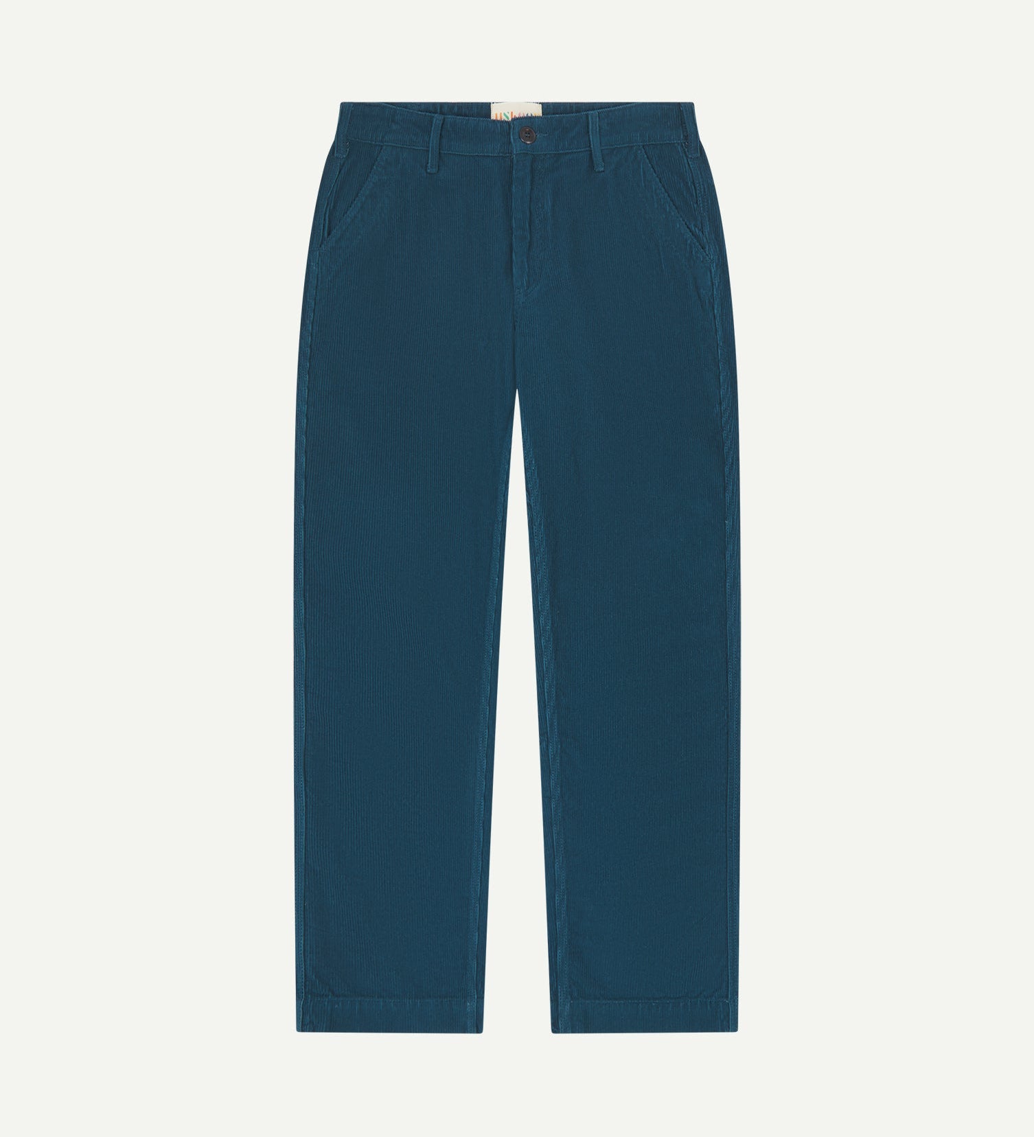 Front flat view of 5005 Uskees men's organic corduroy petrol blue workwear pants with view of YKK zip fly and Corozo buttons.