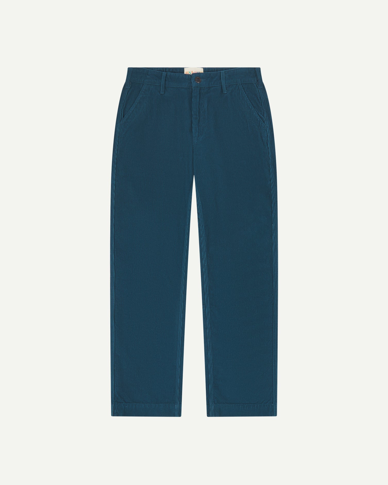 Front flat view of 5005 Uskees men's organic corduroy petrol blue workwear pants with view of YKK zip fly and Corozo buttons.