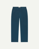 Front flat view of 5005 Uskees men's organic corduroy petrol blue workwear pants with view of YKK zip fly and Corozo buttons.