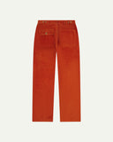 Full length back-view of rust-red corduroy 5005 trousers with view of rear pockets, belt loops and flattering straight leg fit.