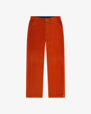 Front flat view of 5005 Uskees men's organic corduroy rust-red workwear pants with view of YKK zip fly and contrasting Corozo buttons.
