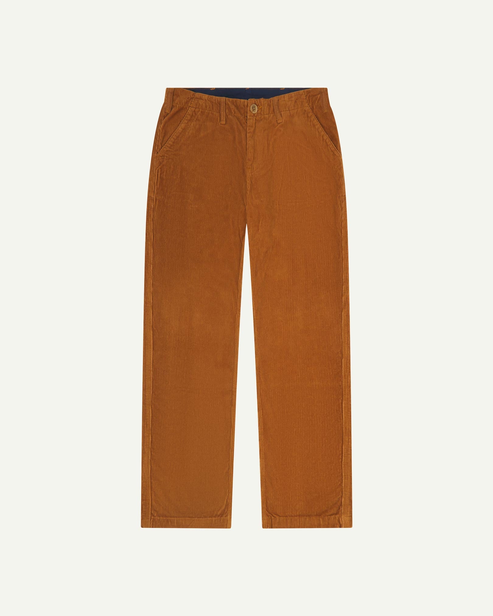 Front flat view of 5005 Uskees men's organic corduroy 'tan' casual trousers with view of YKK zip fly and Corozo buttons.