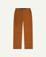 Front flat view of 5005 Uskees men's organic corduroy 'tan' casual trousers with view of YKK zip fly and Corozo buttons.
