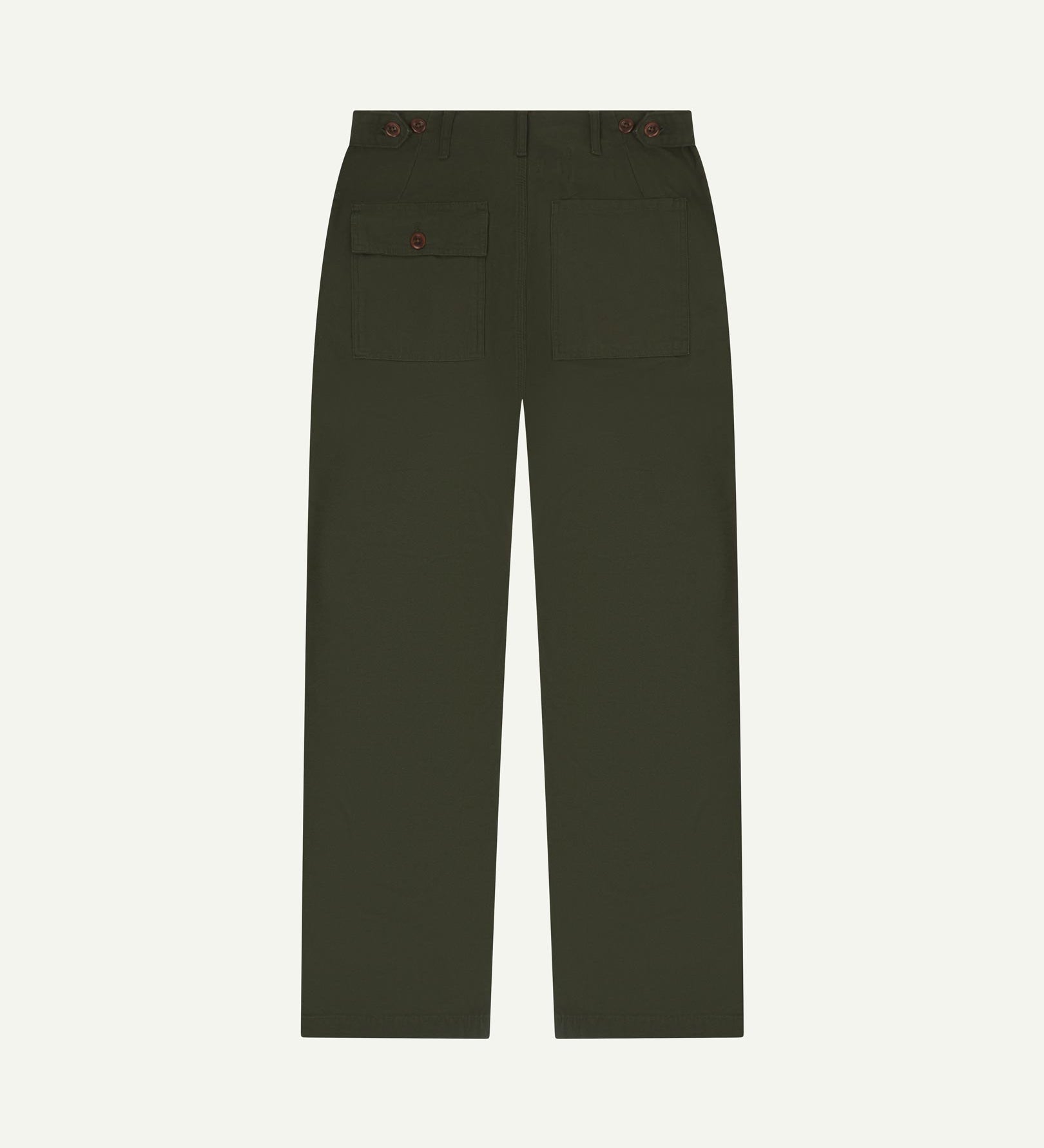 Full length back-view of vine green cotton 5005 trousers with view of rear pockets, belt loops and tapered leg fit.