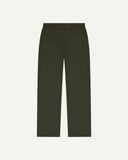 Full length back-view of vine green cotton 5005 trousers with view of rear pockets, belt loops and tapered leg fit.
