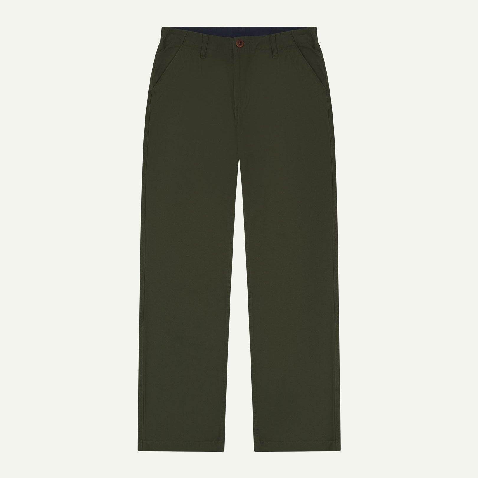 Front flat view of 5005 Uskees men's organic cotton vine green casual trousers with view of YKK zip fly and Corozo buttons.