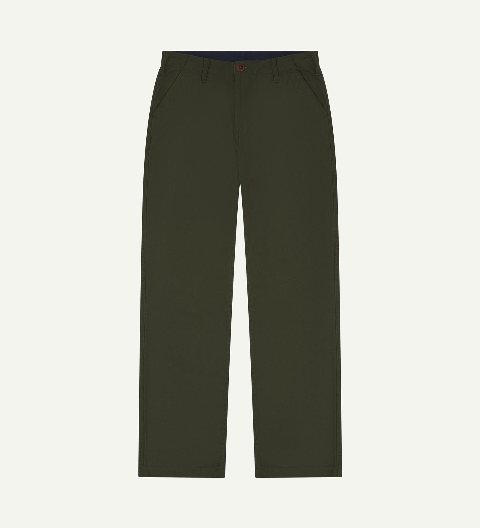 Front flat view of 5005 Uskees men's organic cotton vine green casual trousers with view of YKK zip fly and Corozo buttons.