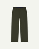 Front flat view of 5005 Uskees men's organic cotton vine green casual trousers with view of YKK zip fly and Corozo buttons.