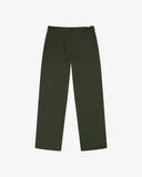Full-length back view of Uskees 5005 drill workwear pants in vine green showing belt loops, back pockets (one with flap) and simple silhouette.