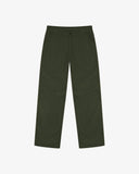 Full-length front view of Uskees drill workwear pants in vine green. Showing Corozo button fastening and tapered leg fit.