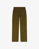 Full length back-view of woodland green corduroy 5005 trousers with view of rear pockets, belt loops and flattering straight leg fit.