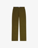 Front flat view of 5005 Uskees men's organic corduroy woodland green workwear pants with view of YKK zip fly and contrasting Corozo buttons.