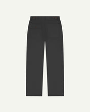 Back view flat shot of uskees #5005 men's trousers in dark grey showing adjuster buttons at waist and buttoned back pocket