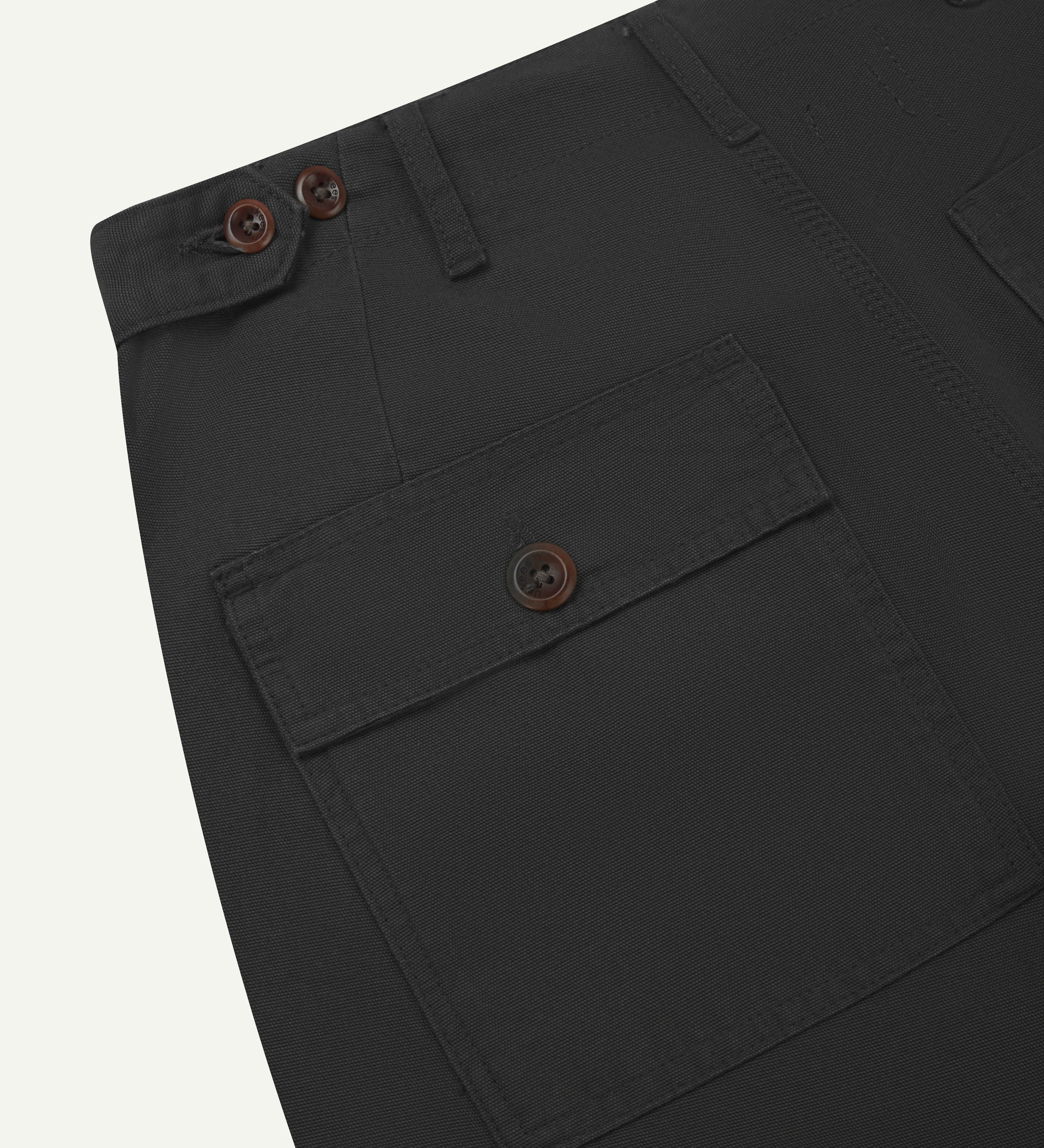 Back flat shot of uskees #5005 men's trousers in dark grey showing close-up view of back pocket, belt loops and waist adjusting buttons