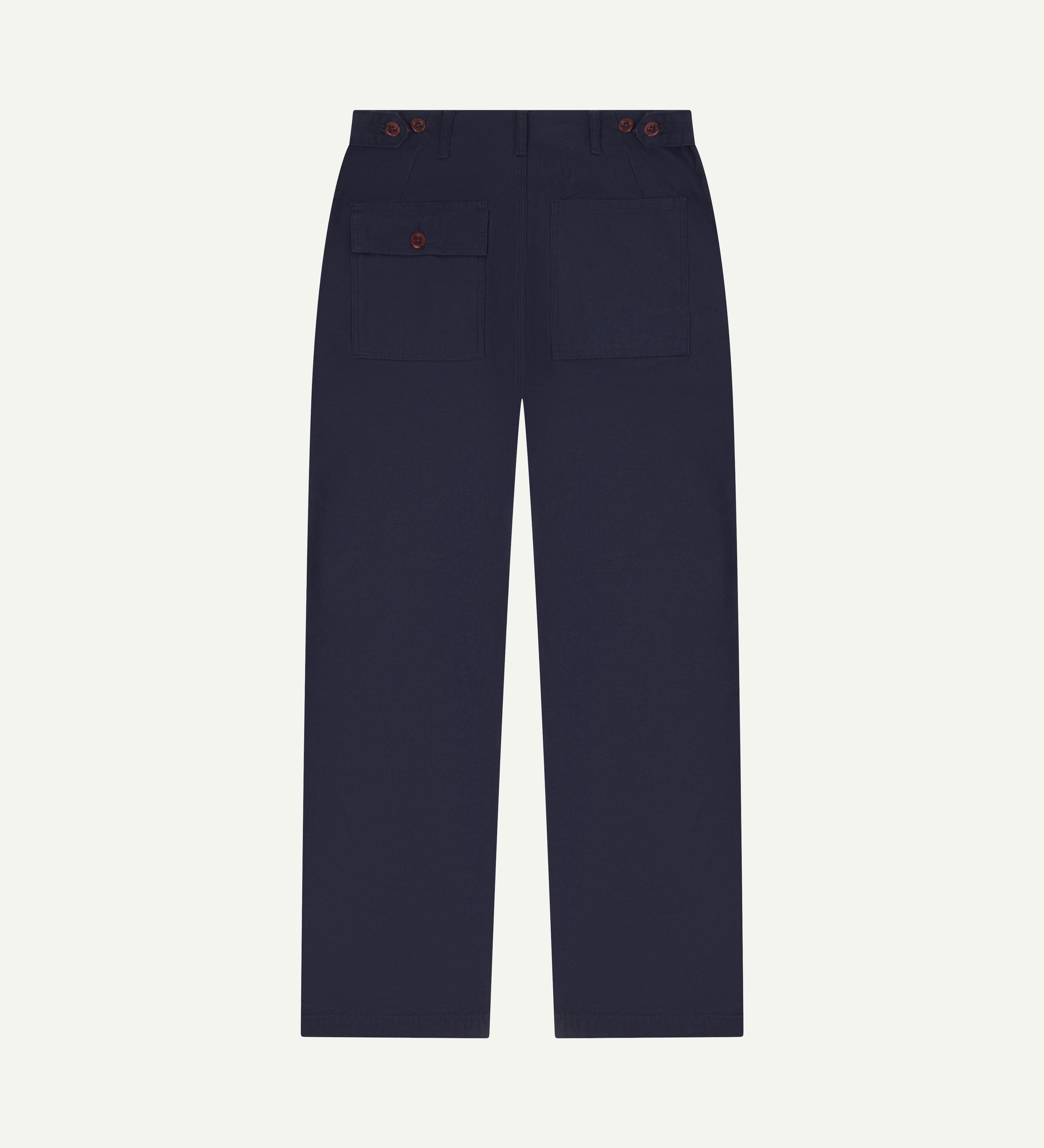 Back flat shot of uskees #5005 men's trousers in dark blue showing back pocket and waist adjuster buttons