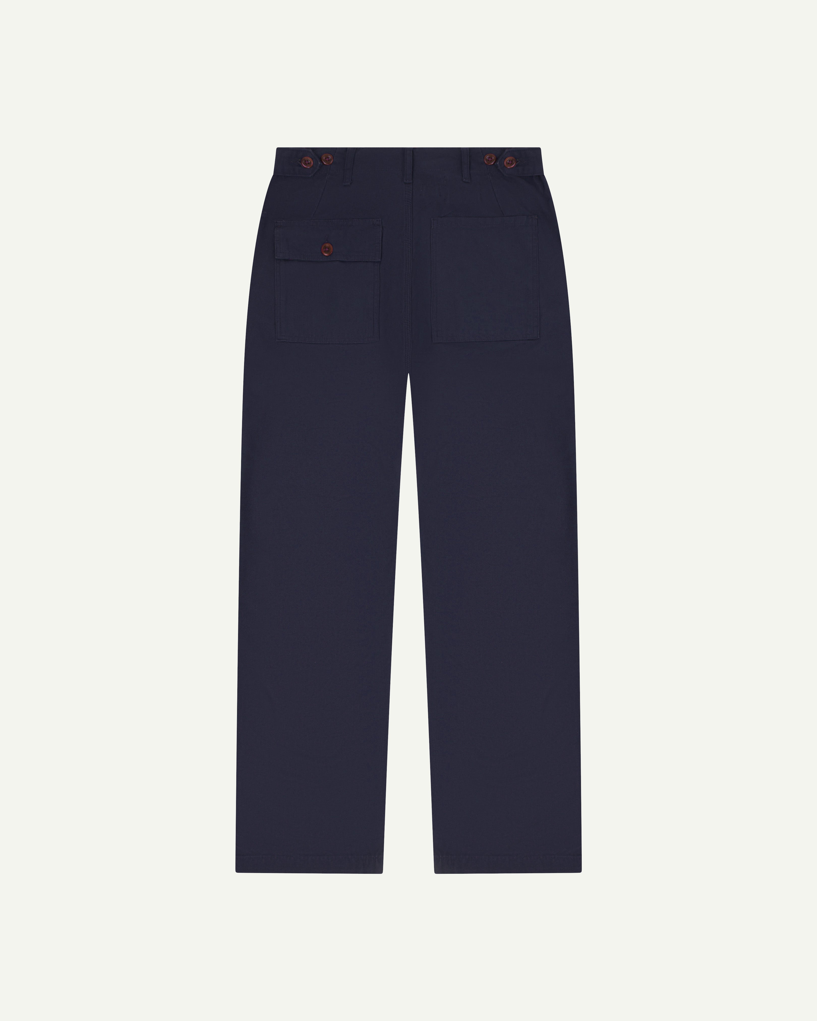 Back flat shot of uskees #5005 men's trousers in dark blue showing back pocket and waist adjuster buttons