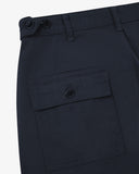 Back close up view of Uskees dark blue drill work pants for men showing the buttoned back pocket - on a white background