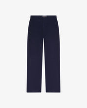 Front flat shot of uskees corduroy trousers in dark blue.