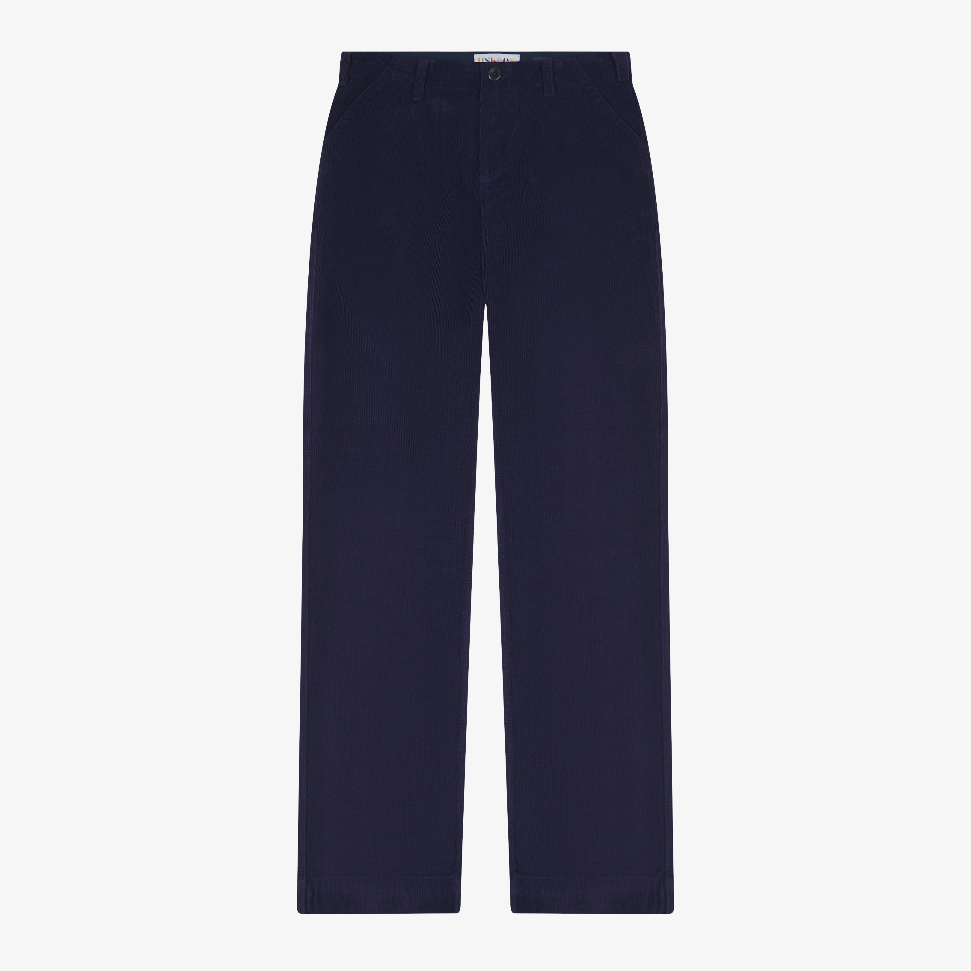 Front flat shot of uskees corduroy trousers in dark blue.