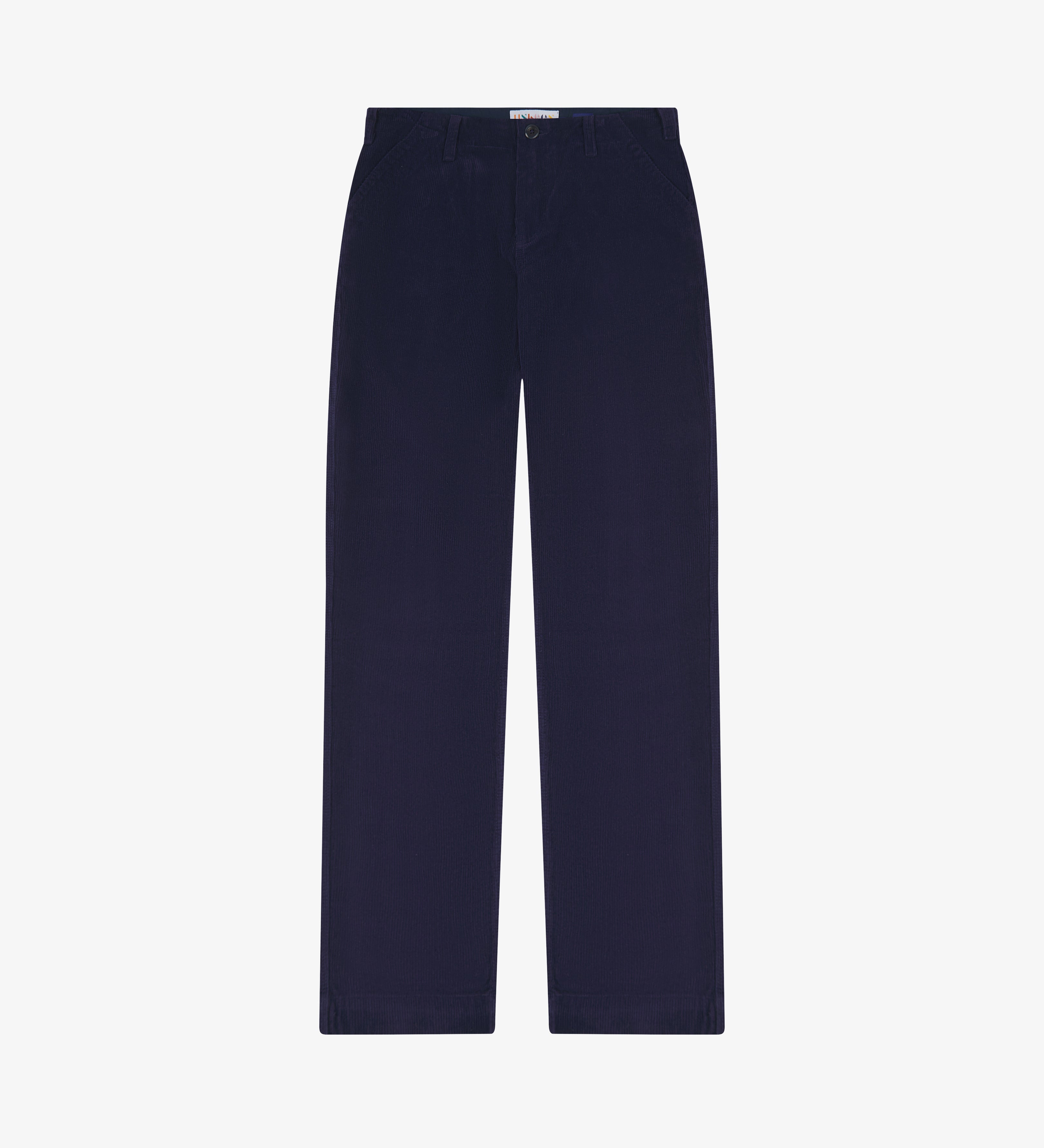 Front flat shot of uskees corduroy trousers in dark blue.