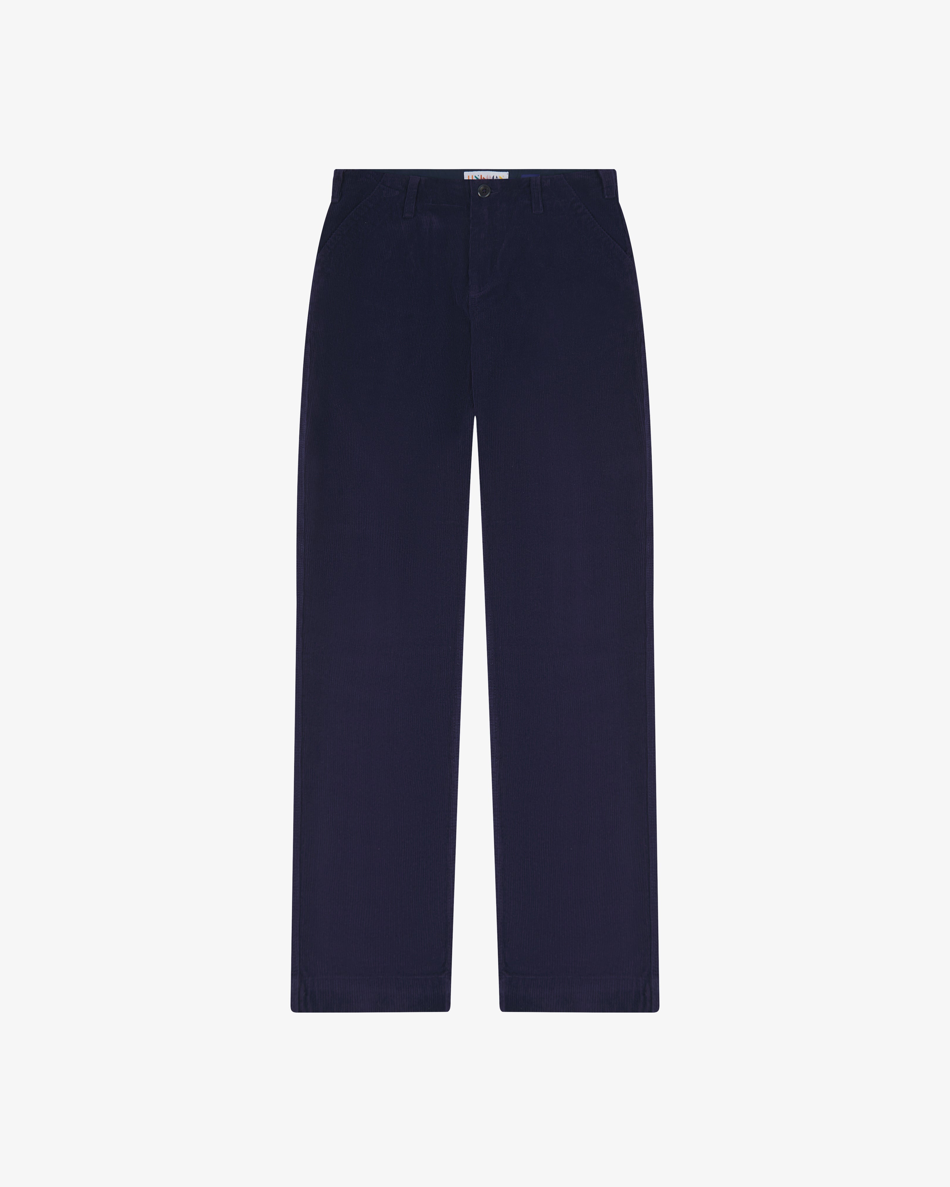Front flat shot of uskees corduroy trousers in dark blue.